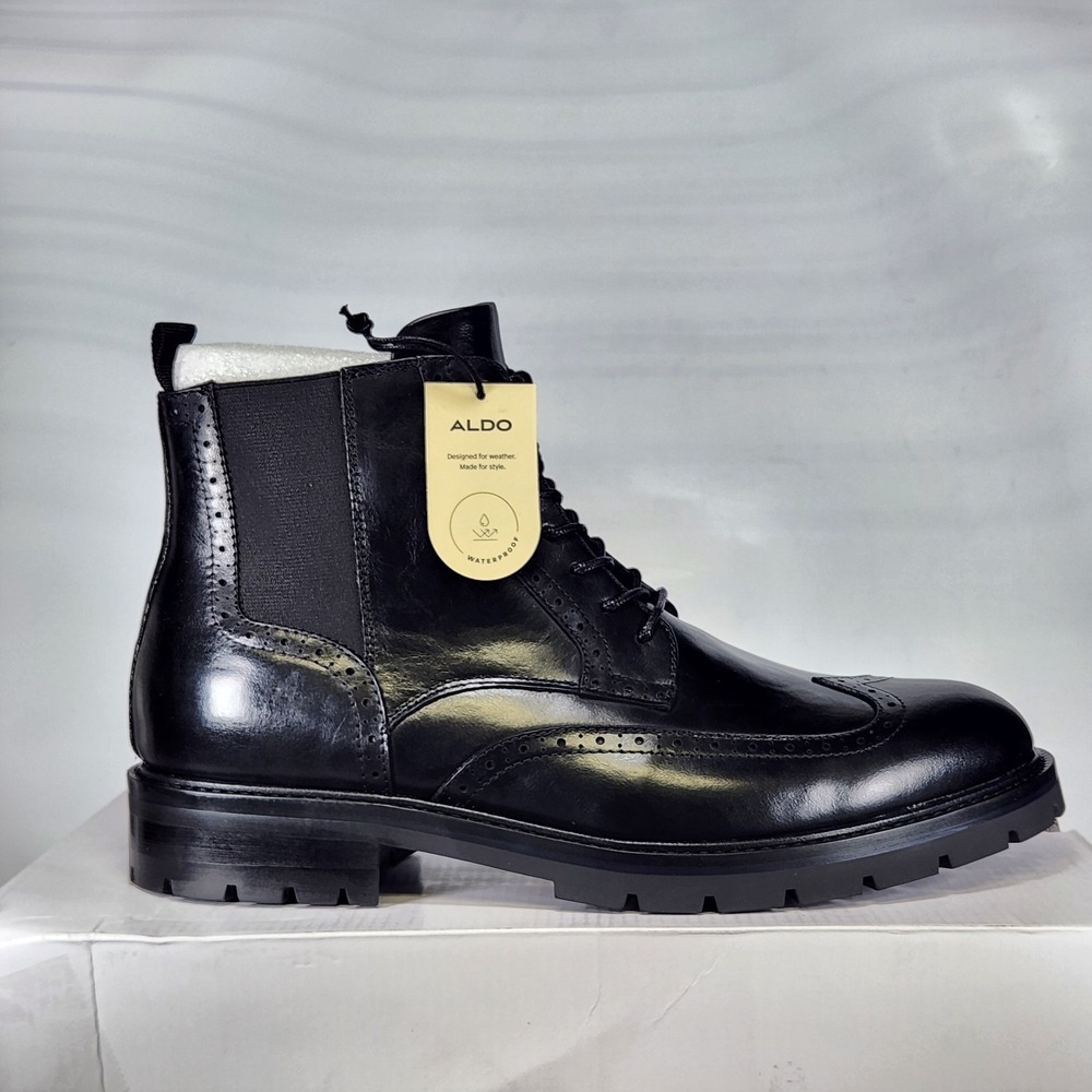 Aldo Toney Boots Mens Size 10.5 Black Waterproof Leather Wingtip Brogue Lug